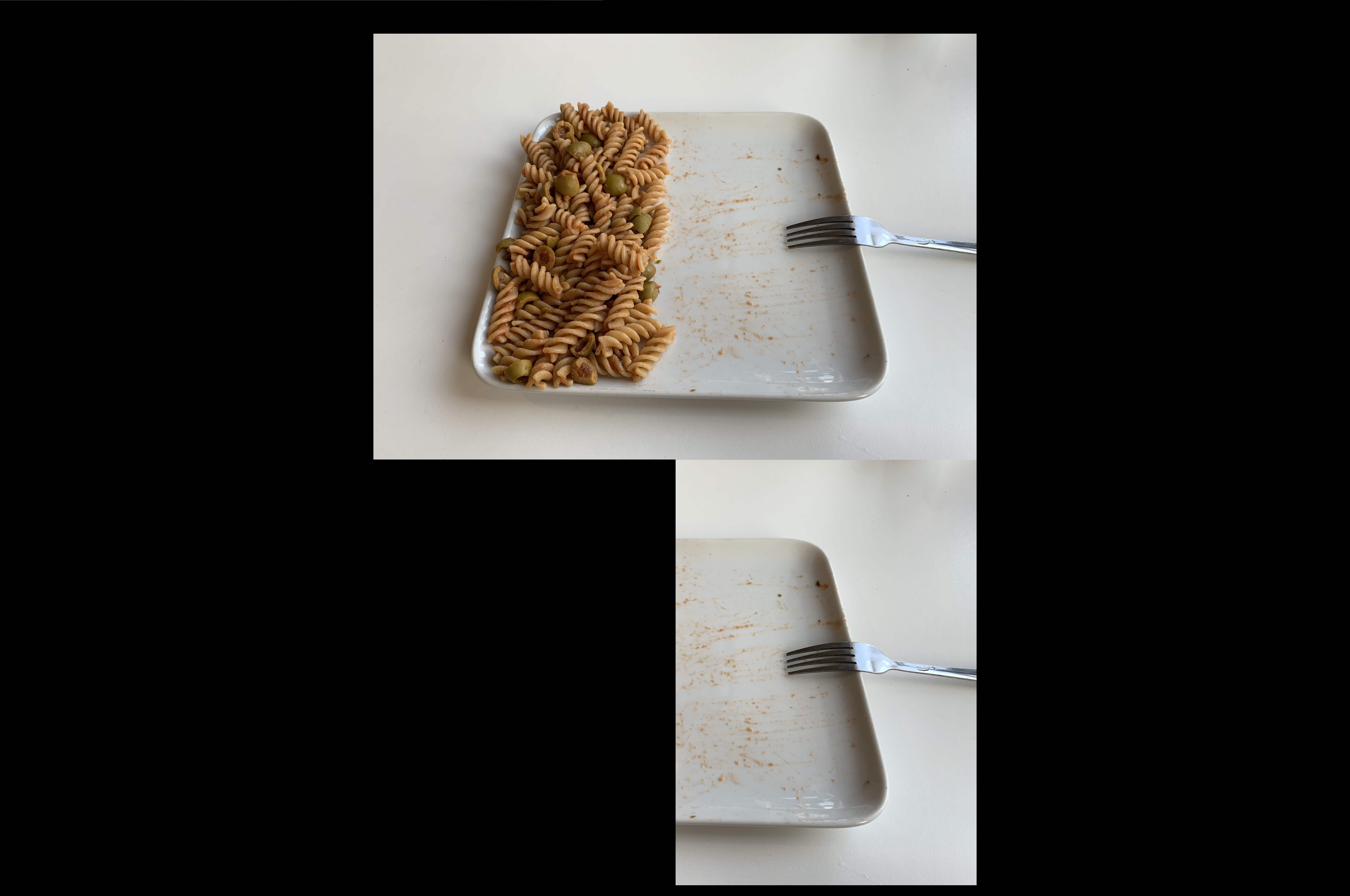 Two examples: top image showing a plate with food only on the left side. Bottom image showing the same plate but with the left side of the image blacked out.
